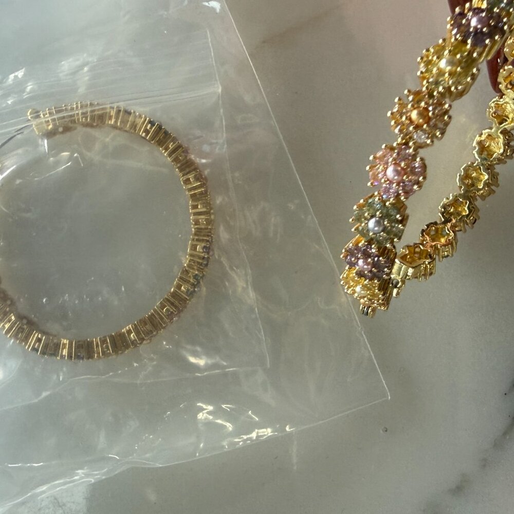 Luv Aj Gold Floral Multi-Color Crystal Hoop Earrings